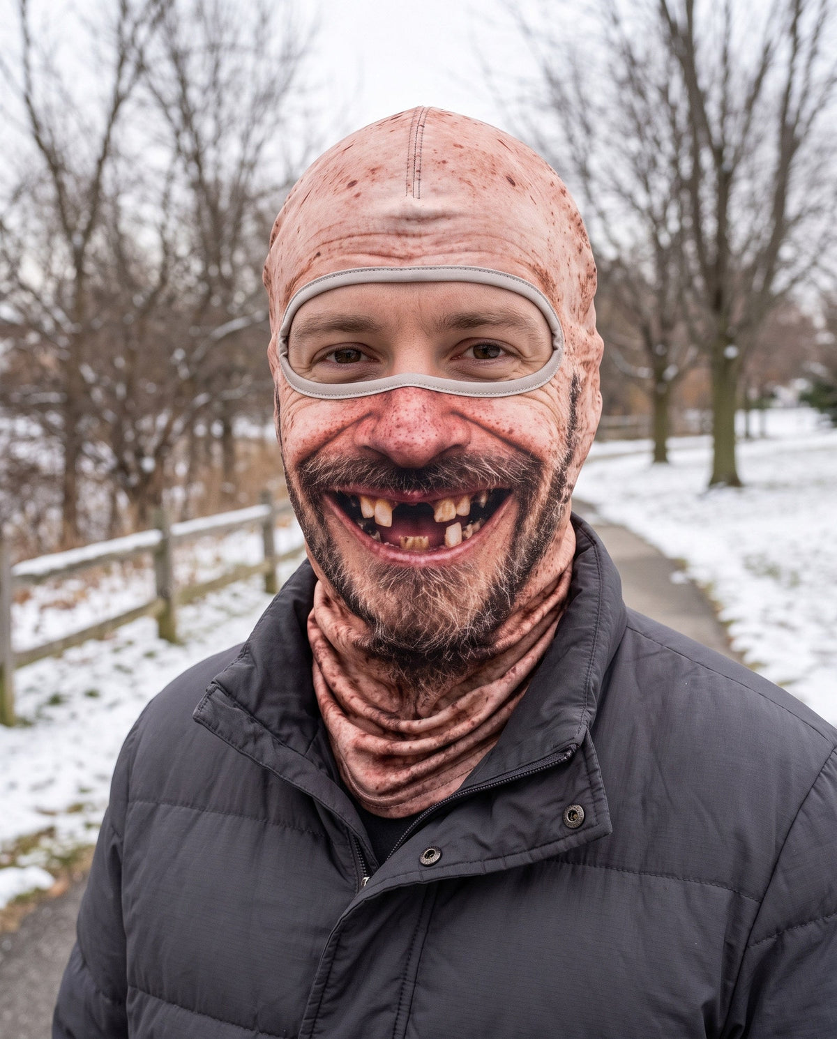 Illustrative product photo: Adult wearing the Style C printed grin balaclava in a lightly snow-covered park. Focal point: 50% 35%.
