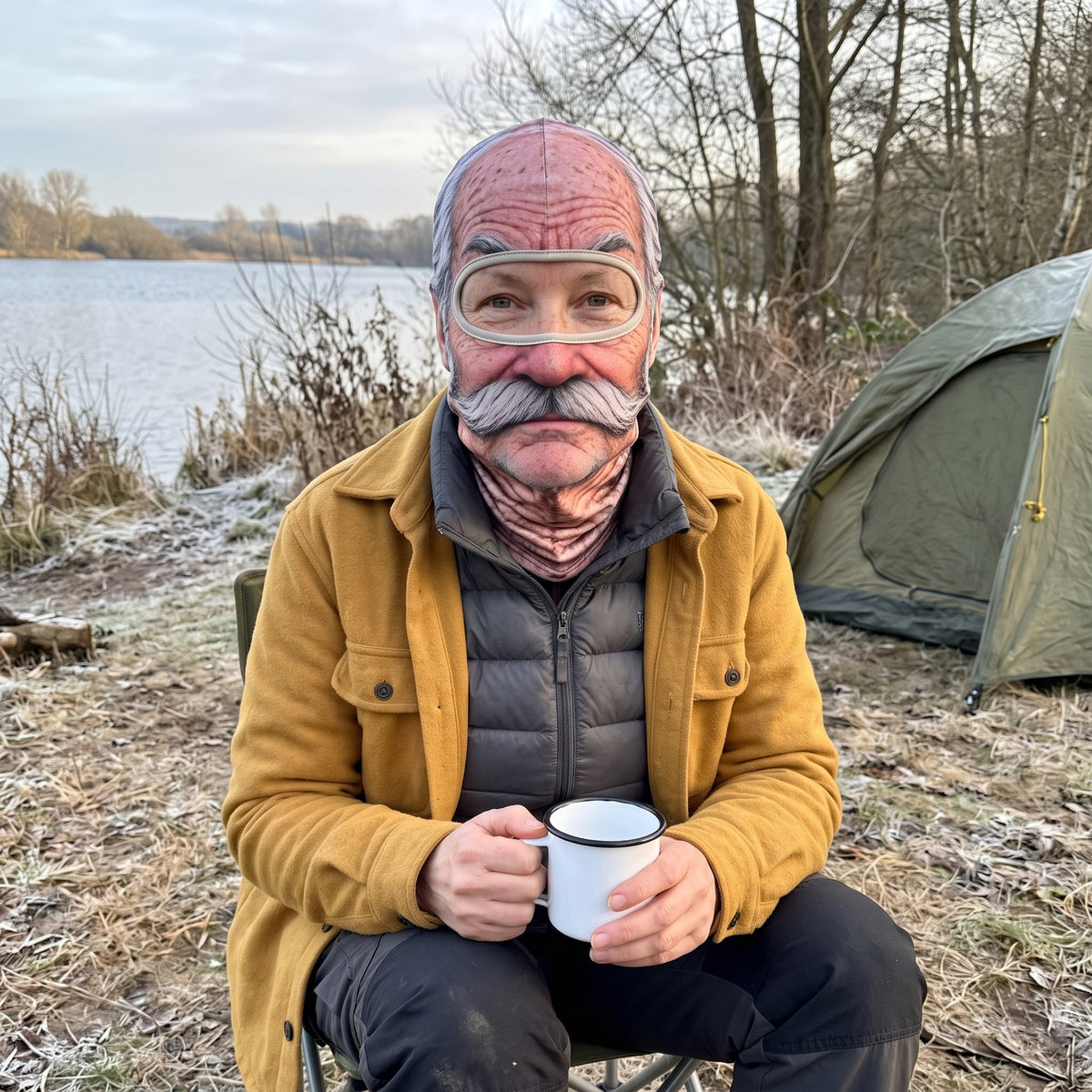 Adult wearing a moustache-print cotton-spandex face mask while holding a mug at a lakeside campsite.