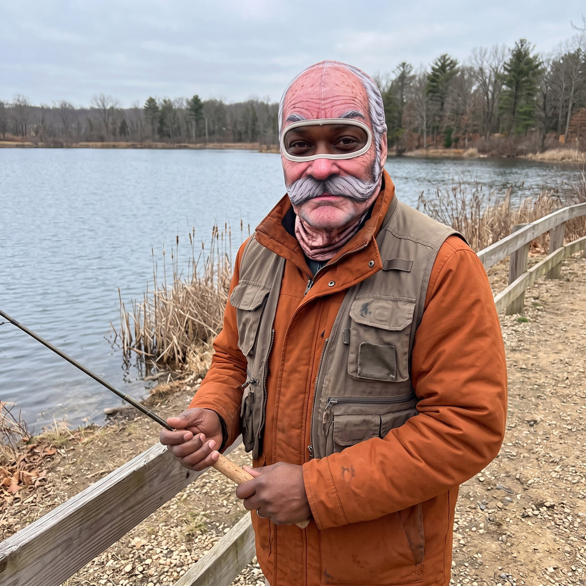 Adult wearing a moustache-print cotton-spandex face mask while fishing from a lakeshore.