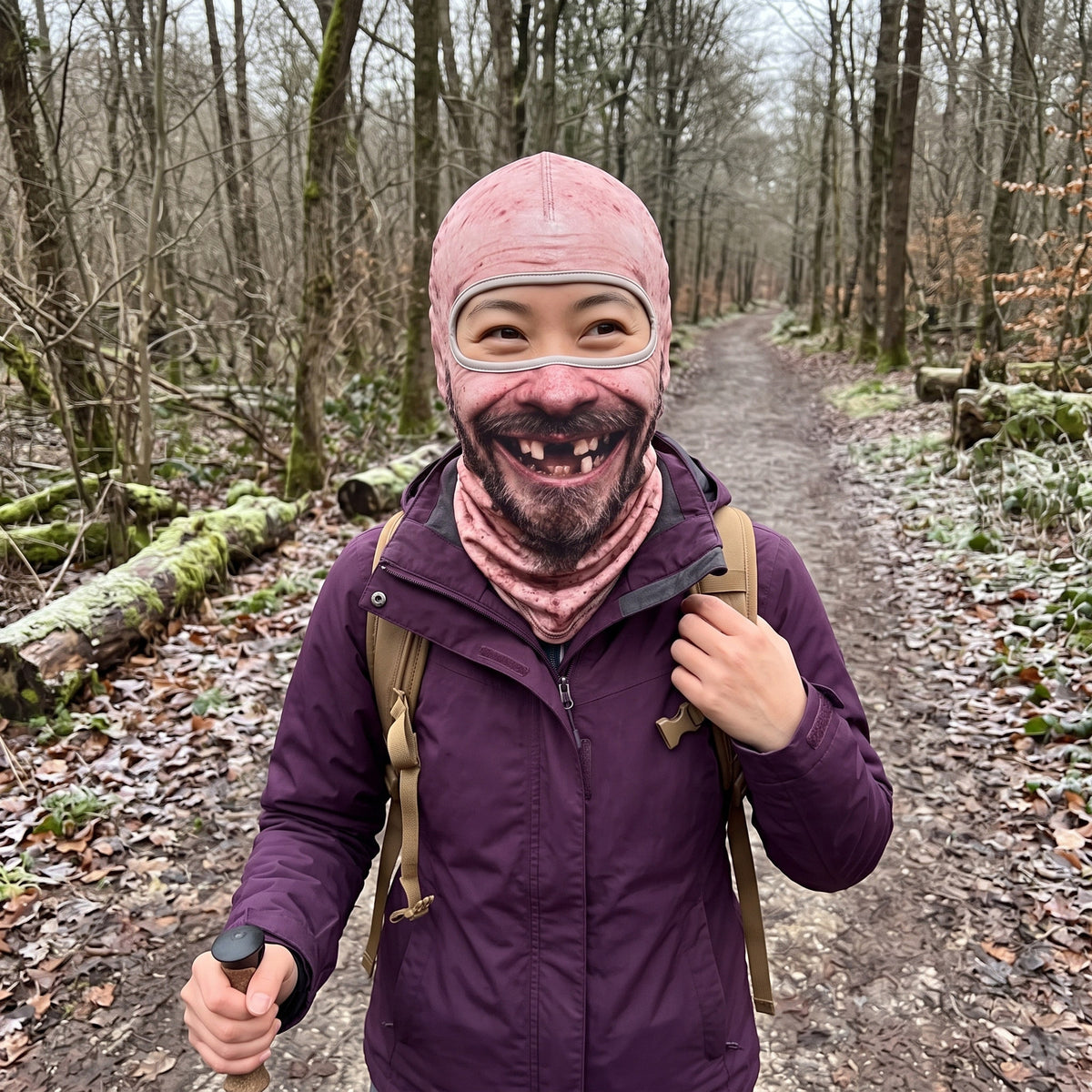 Adult wearing a grin-print cotton-spandex face mask on a woodland hike.