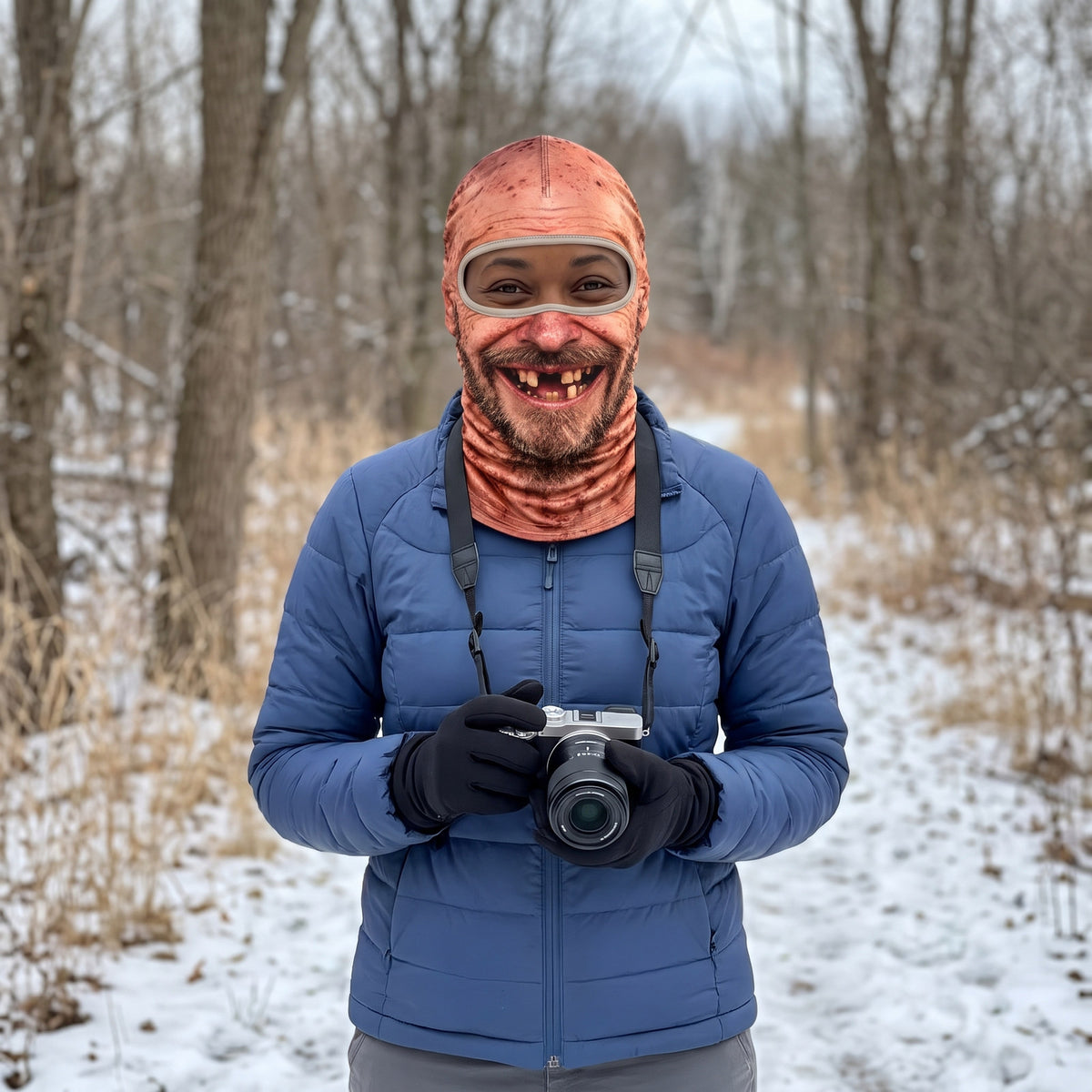 Adult wearing a grin-print cotton-spandex face mask while carrying a camera on a nature walk.