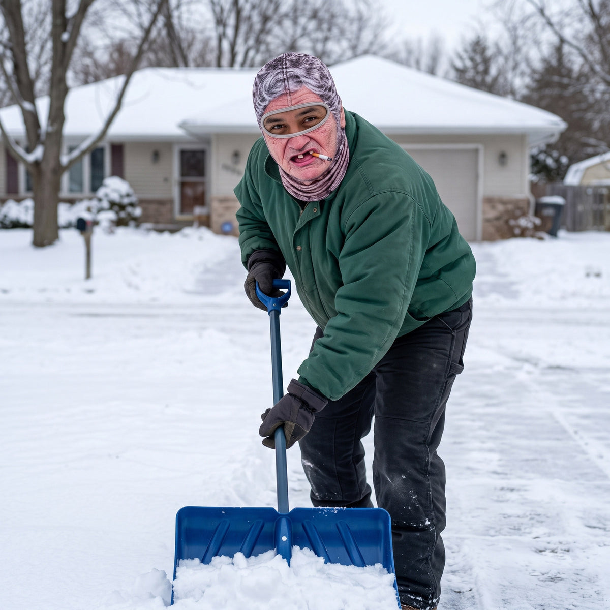 Adult wearing a gray-hair-print cotton-spandex face mask while shoveling a snowy driveway.