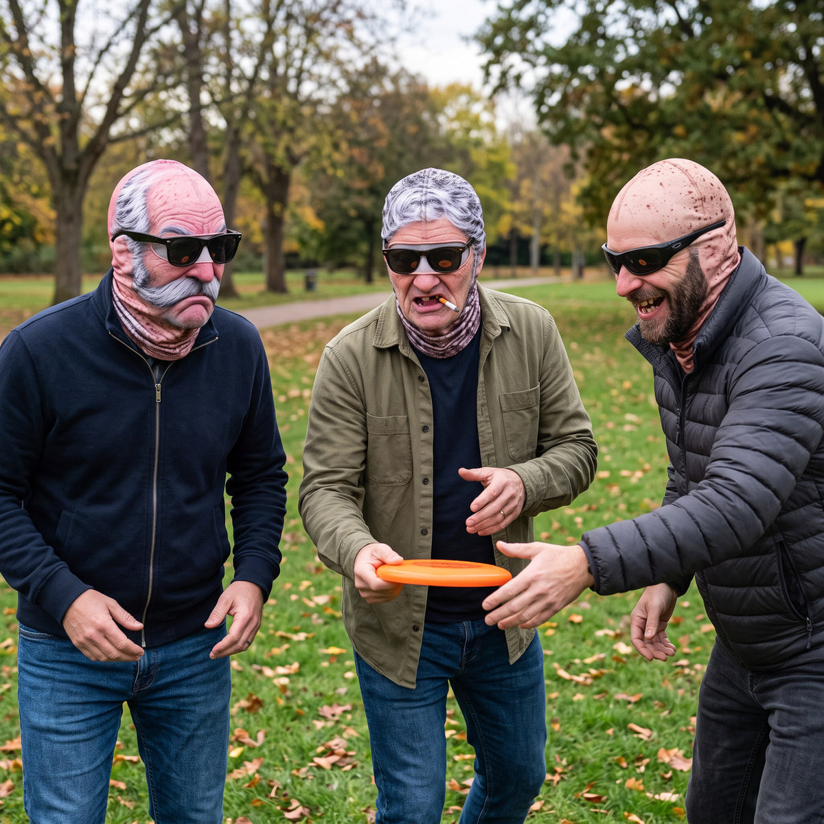 Three friends wearing printed cotton-spandex face balaclavas and sunglasses while playing flying disc in a park.