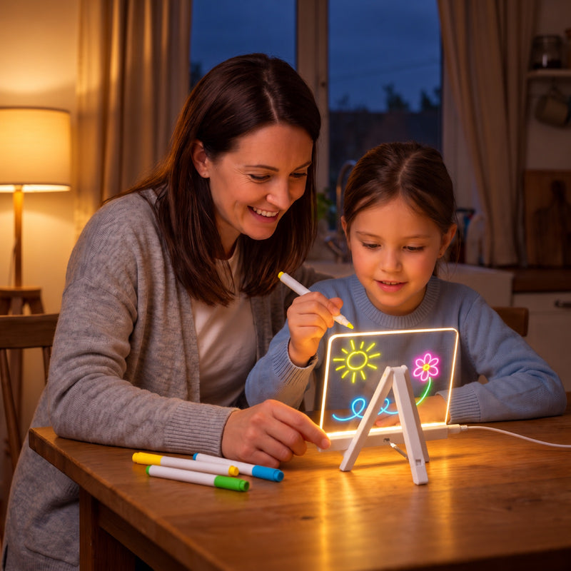 Small 15 × 15 cm Glow Doodle Board with luminous drawings, used by an adult and child at home
